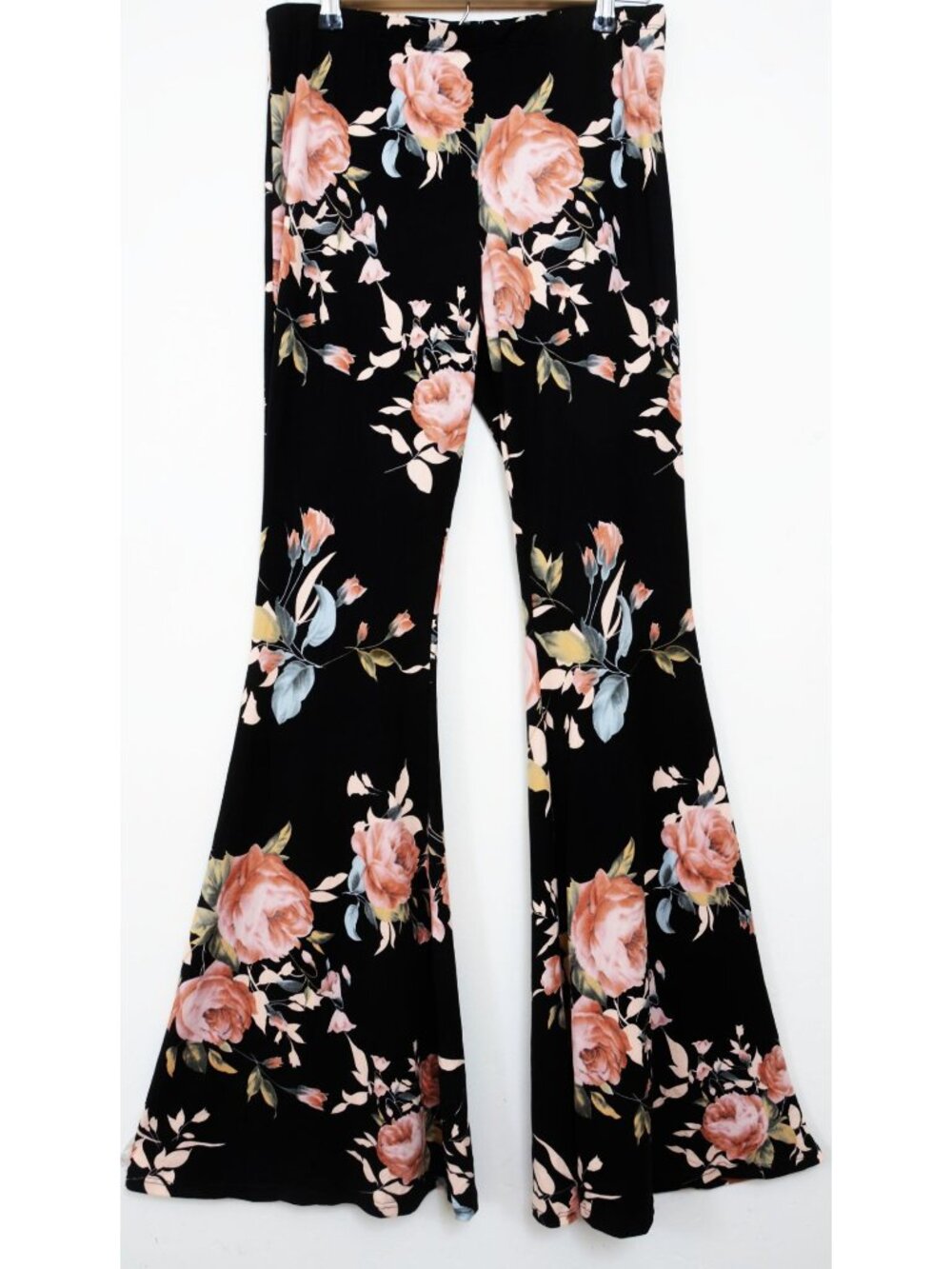 Nu Label Women's LG Black Floral Palazzo Pants Bell Bottom Flare Leggings Yoga - Picture 4 of 7